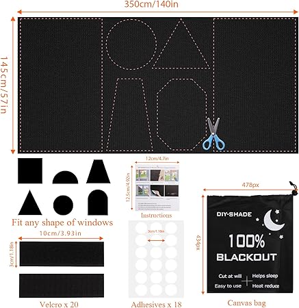 100 Blackout Curtains for Bedroom, Portable Blackout Shades, No Drill Black Out Window Blinds, Cut to Any Size, for Home Baby Nursery Travel Dorm (138" x 57")