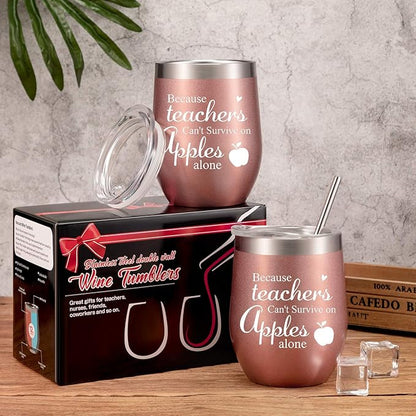 2 Pieces Teacher Can't Survive on Apples Alone, Thank You Teacher Appreciation Gift for Women Funny Birthday Christmas Thanksgiving Teacher Gifts 12 oz Wine Tumbler with Straw and Cleaning Brush