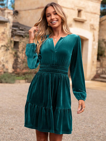 Simplee Womens Velvet Dress 2025 Fall Cocktail Long Sleeve Empire V Neck Wedding Guest Holiday Mini Dresses with Pockets