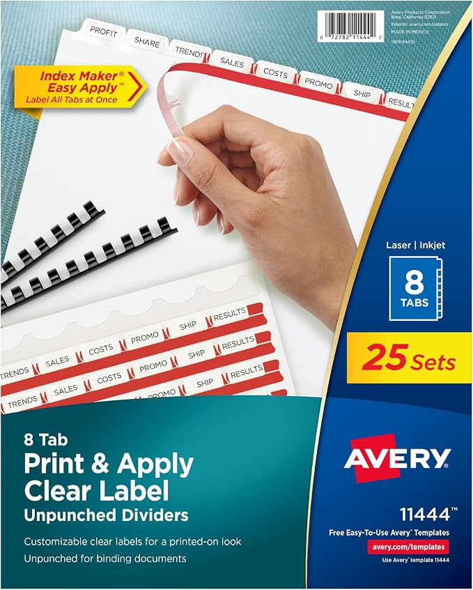 Avery Index Maker Clear Label Dividers, 3-Tab, Unpunched, 25 Sets For Organizing Binders and Presentations, Printable White Tabs, Laser and Inkjet Compatible, Reinforced Tear-Resistant Edge