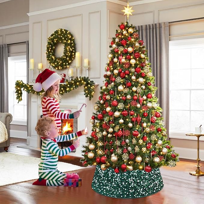 Sequin Christmas Tree Collar Glitter Tree Skirt Emerald Green Velvet Fabric Xmas Tree Base Stand Cover Christmas Tree Ring Holiday Trunk Skirt Cover Christmas Tree Skirts for Home Decor 23.6 Inch