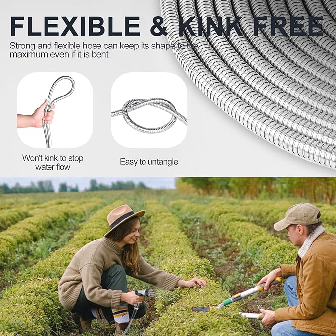 Metal Garden Water Hose 50 FT, Flexible and Lightweight, Heavy Duty Stainless Steel Pipe with Brass Fittings for Reel, Yard, Outdoor, Boat