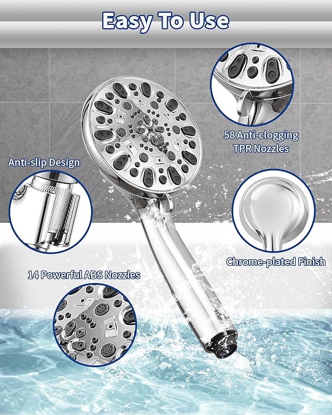 High Pressure Handheld Shower Head VMASSTONE 7-Spray Setting Showerhead Kit with 59" Stainless Steel Hose and Adjustable Mount for Showering Enjoyment Even at Low Water Flow (HM-002 Chrome)