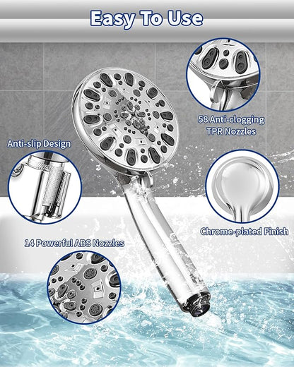 High Pressure Handheld Shower Head VMASSTONE 7-Spray Setting Showerhead Kit with 59" Stainless Steel Hose and Adjustable Mount for Showering Enjoyment Even at Low Water Flow (HM-002 Chrome)