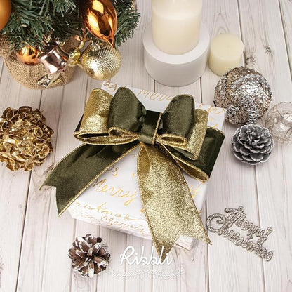 Ribbli Moss Green Velvet Ribbon Wired 2.5 Inch Glossy Velvet with Gold Glitter Christmas Ribbon for Christmas Tree Decoration Big Bow Gift Wrapping Crafts Wreaths Supplies - Continuous 10 Yards