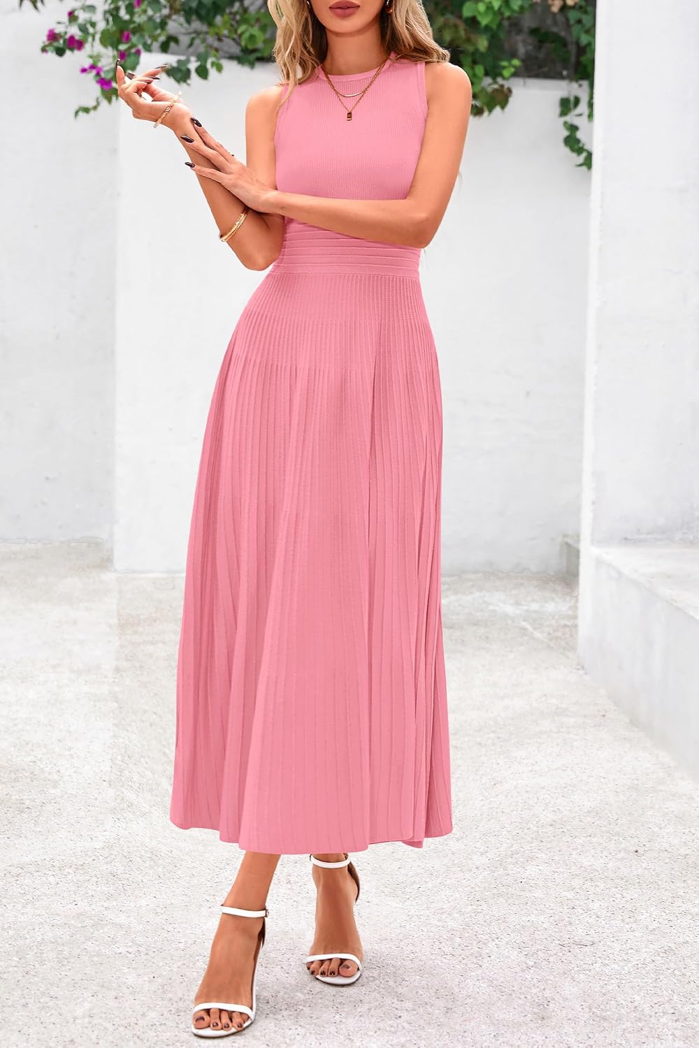 PRETTYGARDEN Spring Casual Dresses for Women 2026 Summer Business Work Midi Sleeveless A Line Pleated Cocktail Dress