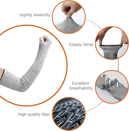 CAWANFLY Cut Resistant Sleeves with Half Finger Gloves, Level 5 Protection Protective Arm Safety Sleeves for Welding, Kitchen, Gardening (1 Pair)