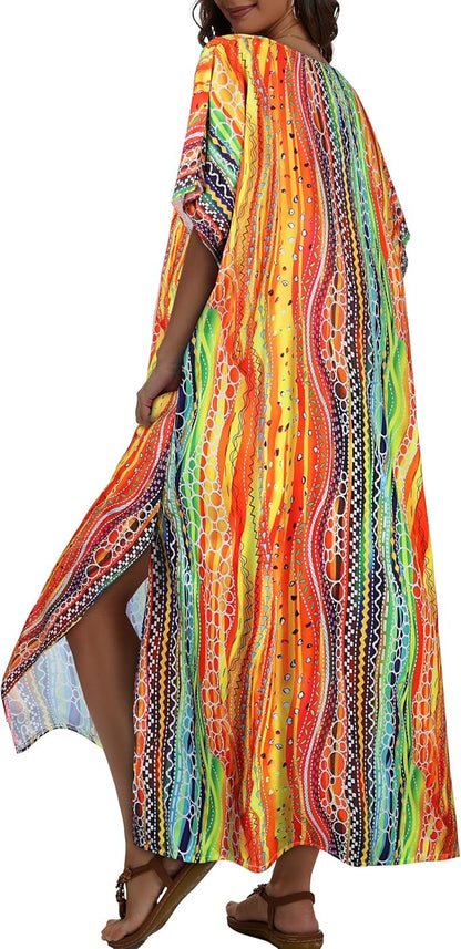 Kaftan Dresses for Women V Neck Caftan Long Batwing Sleeve Swimsuit Cover Up Beach Swimwear