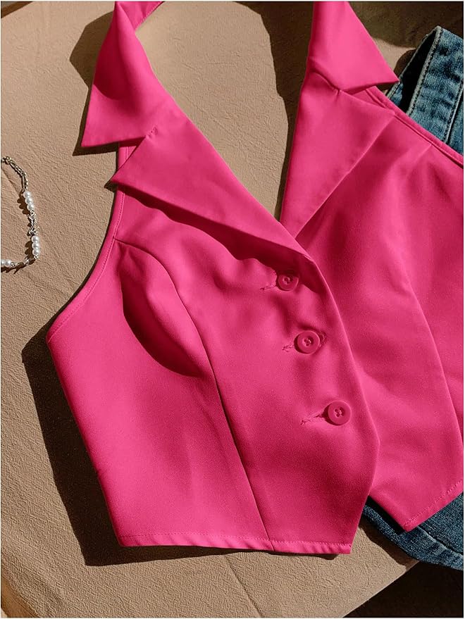 SOLY HUX Women's Halter V Neck Vest Button Down Backless Crop Tank Tops Sleeveless Blazer Waistcoat