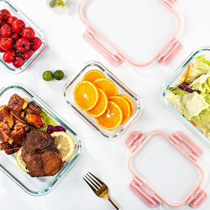Glass Food Storage Containers,2PC Glass Meal Prep Container, Leak Proof, Glass Storage Containers with Lids, Ideal for Food Storage, Lunch, On-the-Go, Leftover - Pink