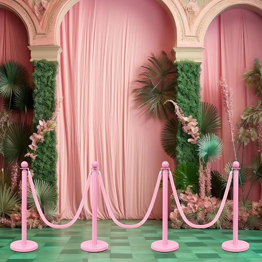 Ferraycle 4 Pcs Stainless Steel Stanchions Post Queue 38 Inch, 5 ft Velvet Rope Carpet Ropes and Pole, Control Barriers for Wedding Birthday Party Decoration Sand Injection Hollow Base Set (Pink)