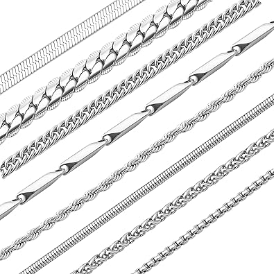 Stino 8PCs7PCs Stainless Steel Chain Necklace for Men Women - Bulk Silver Tone Necklace Chains for Jewelry Making, Figaro, Snake, Cuban Link, Rope