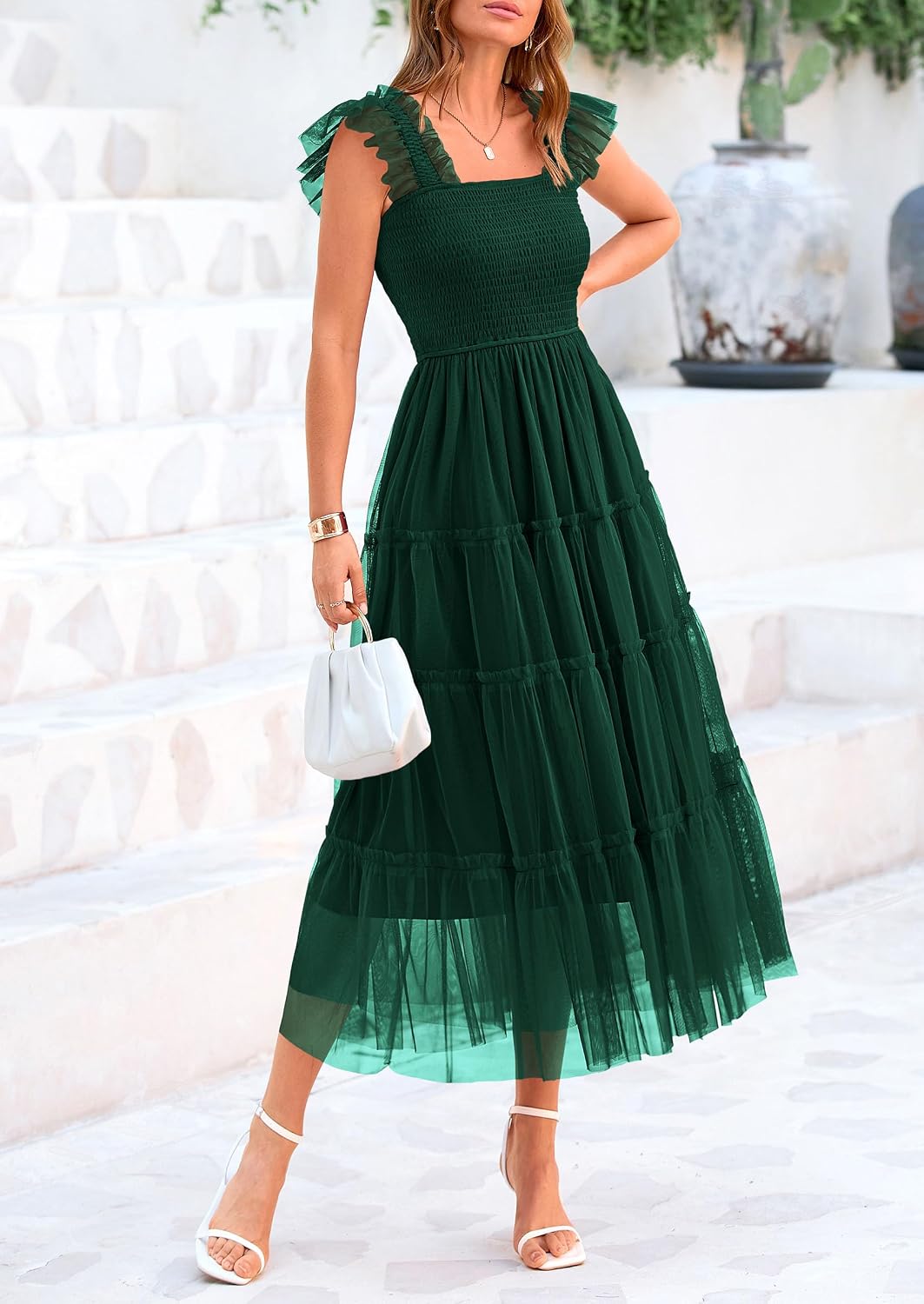 Women's Summer Tulle Midi Dress Sleeveless Smocked Ruffle Flowy Mesh Dresses