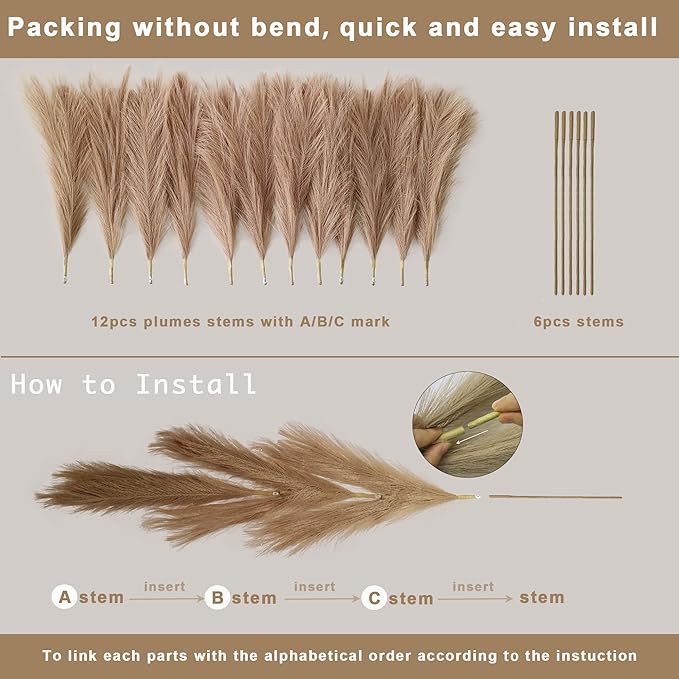 4pcs Faux Pampas Grass Tall 43” / 3.6ft, Non-Shedding Large Artificial Fluffy Reed Fake Flower Feather Arrangement for Floor Vase Filler Boho Farmhouse Home Wedding Decor (Light Brown)