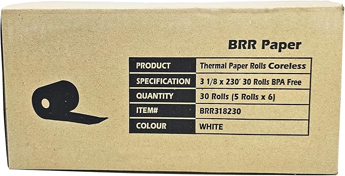 (30 Coreless Rolls - 50 GSM) 3 18 x 230 Thermal Paper Receipt Rolls fits all Clover POS Cash Register Printers for TSP500 TSP600 TSP 700 TSP2000 CT S300 from BuyRegisterRolls