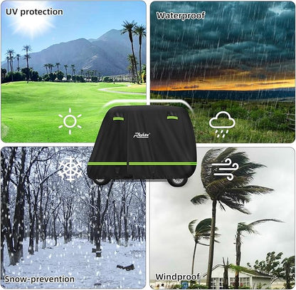 Roykaw Golf Cart Cover Superior 420D Waterproof Compatible with EZGO/Club Car/Yamaha & Most Brands 4 Passenger/2 Passenger Golf Cart,Reflective Strips/Two Windproof Straps/Three Sides Zipper Opening