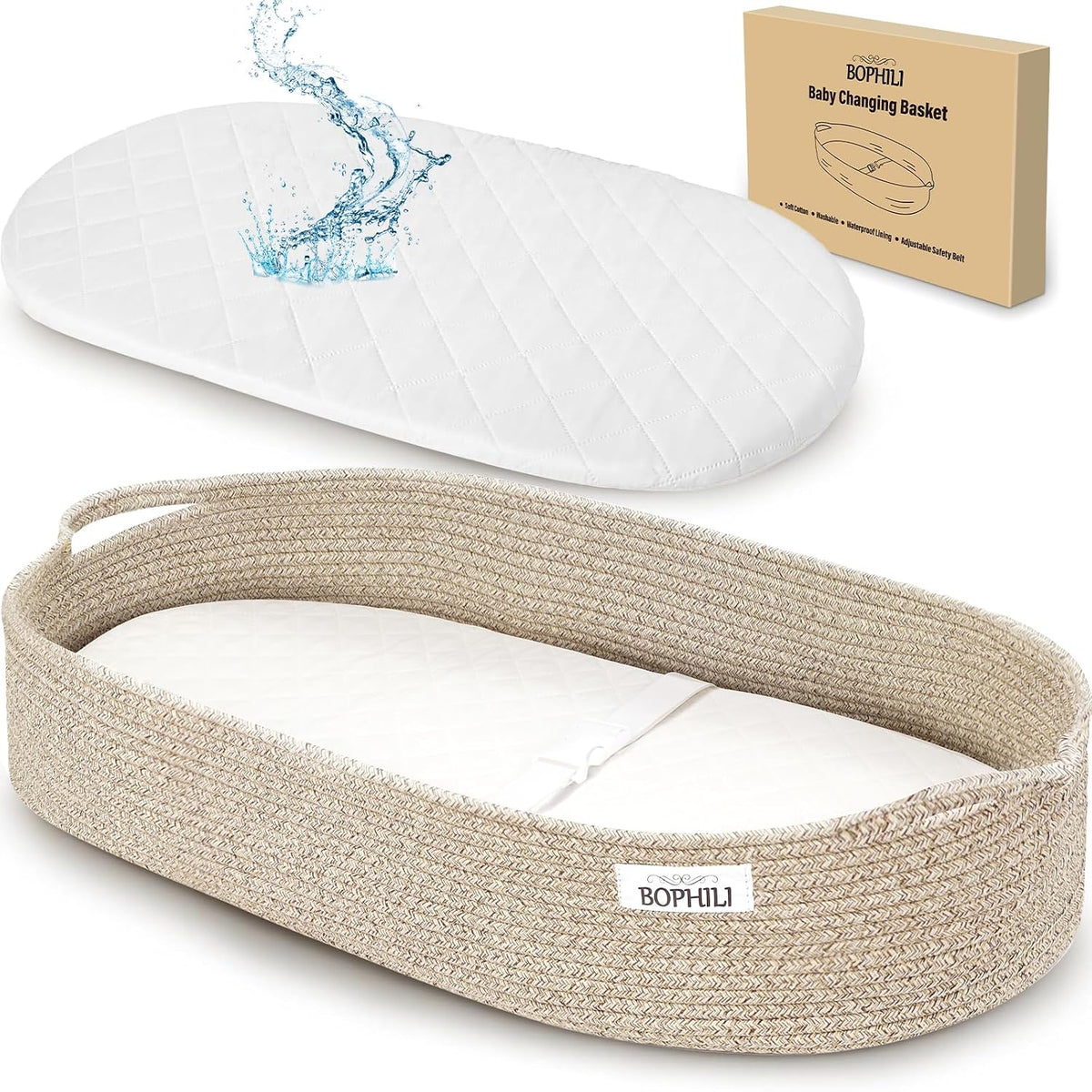Baby Changing Basket Foldable Baby, Premium Handmade Cotton Rope Reinforced Moses Baskets Changing Table Topper, Built-in Security Strap (Warm Brown) (basket only)