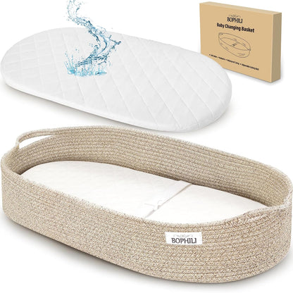 Baby Changing Basket Foldable Baby, Premium Handmade Cotton Rope Reinforced Moses Baskets Changing Table Topper, Built-in Security Strap (Warm Brown) (basket only)