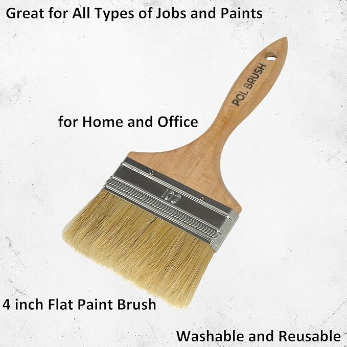 4 Inch Flat Paint Brush - High European Quality - Natural Bristles - for Home, Wood, Walls, Art, Trim  Furniture - for Acrylic, Oil, Stain, Chalk  Latex Paints