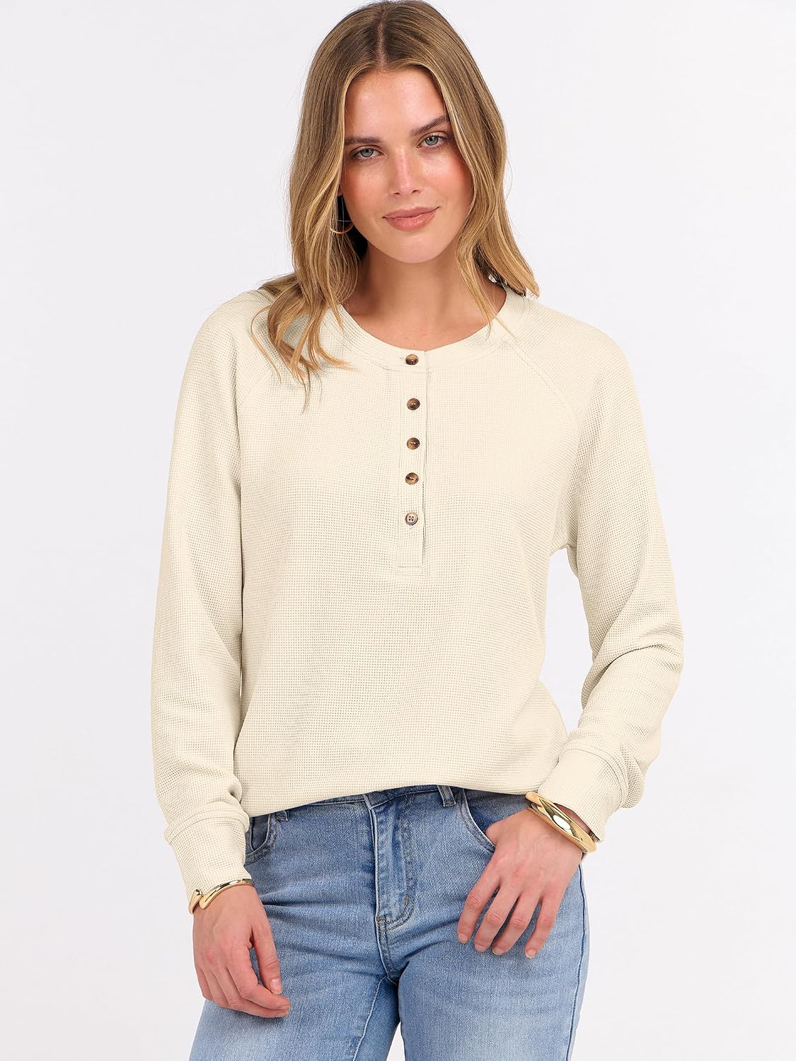 ANRABESS Women's Long Sleeve Waffle Knit Shirts Dressy Casual Loose Button Up V Neck Henley Tops 2026 Fall Basic Tee Blouse.