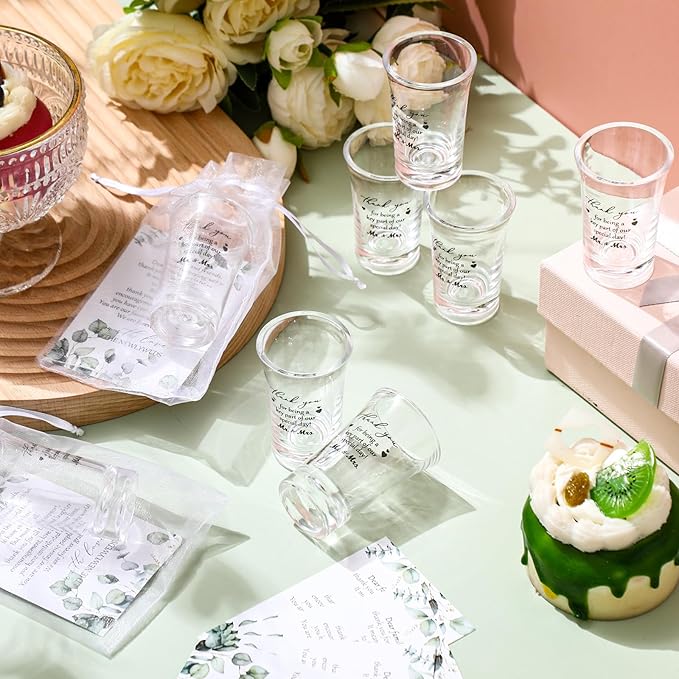 Uiifan 50 Sets Wedding Favors for Guests Wedding Shot Glasses Acrylic Clear Plastic Shot Glass with Thank You Card and Organza Bag for Newlyweds Bridal Shower Party Favors Souvenirs Gifts