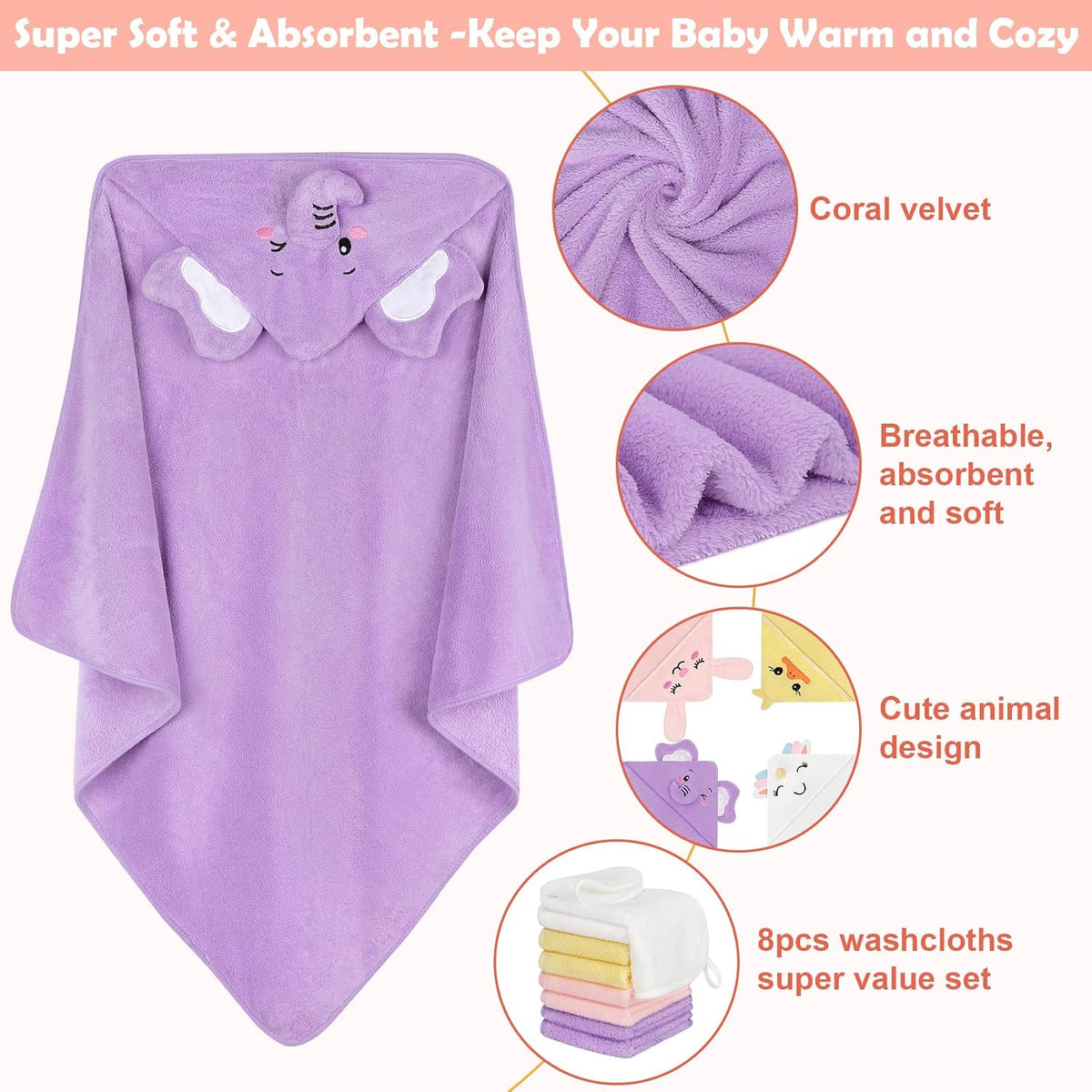 CandyHome 12 PCS Baby Bath Towels for Infants Toddlers, 4 PCS Animal Hooded Baby Towels & 8 PCS Washcloths Set, Ultra Absorbent Soft Cute Newborn Bath Essential Gifts for Boys & Girls