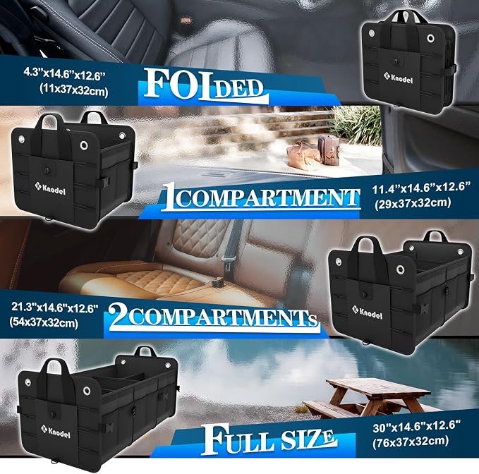 K KNODEL Car Trunk Organizer, Foldable Cover, Heavy Duty Collapsible Truck Storage Organizer, Car Cargo Trunk Organizer with Lid, 3 Compartments, (Black)