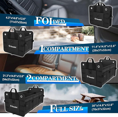 K KNODEL Car Trunk Organizer, Foldable Cover, Heavy Duty Collapsible Truck Storage Organizer, Car Cargo Trunk Organizer with Lid, 3 Compartments, (Black)