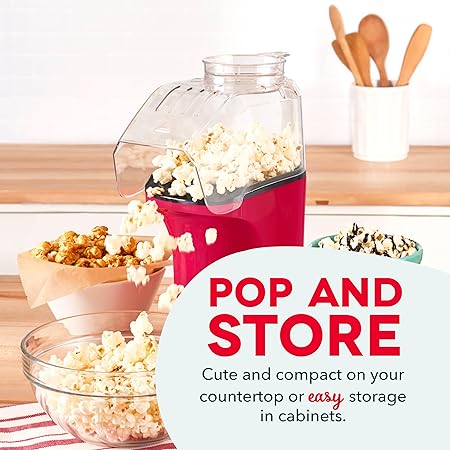 DASH Hot Air Popcorn Popper Maker with Measuring Cup to Portion Popping Corn Kernels  Melt Butter, 16 Cups - Red