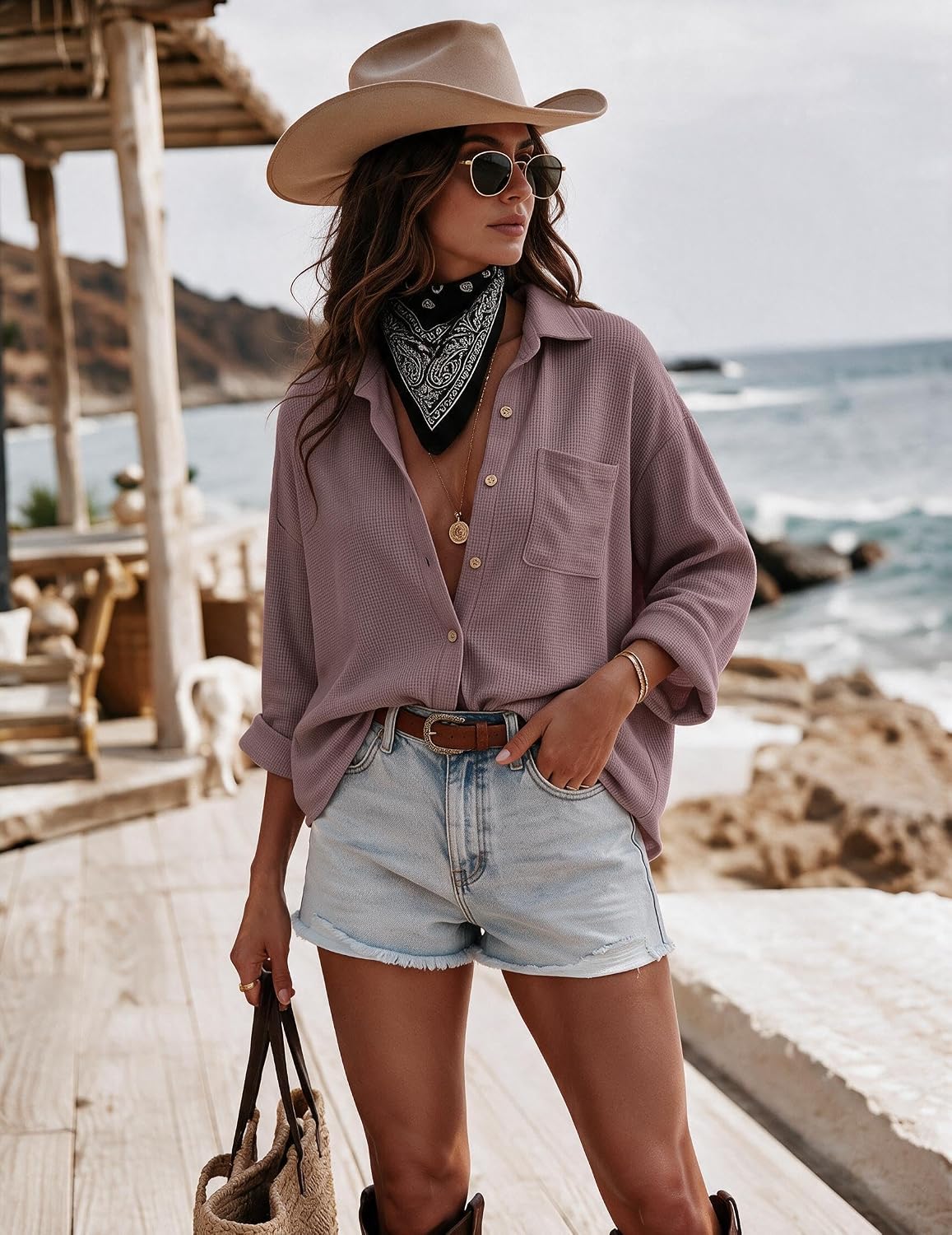 Waffle Button Down Shirts for Women Dressy Casual Work Shacket V Neck L