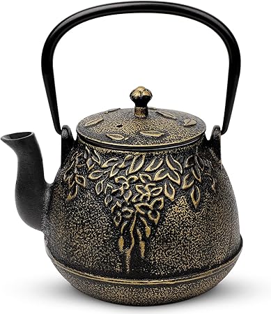 Tea Kettle, TOPTIER Japanese Cast Iron Tea Pot for Stove Top, Cast Iron Teapot Humidifier for Wood Stove, Leaf Design Tea Kettle Coated with Enameled Interior for 32 Ounce (950 ml), Black