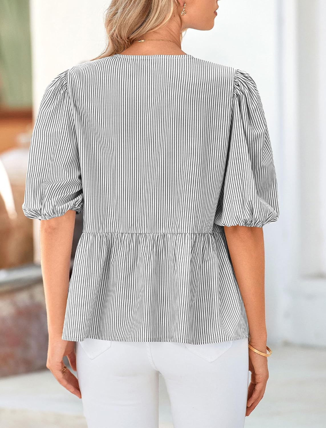 PRETTYGARDEN Women Striped Tie Front Babydoll Peplum Tops | Short Puff Sleeves, Lightweight Crew Neck Blouse, Hidden Buttons, Spring Summer Shirts for Casual Outing, Date Night, Party .