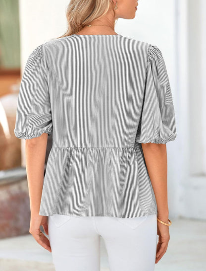PRETTYGARDEN Women Striped Tie Front Babydoll Peplum Tops | Short Puff Sleeves, Lightweight Crew Neck Blouse, Hidden Buttons, Spring Summer Shirts for Casual Outing, Date Night, Party .