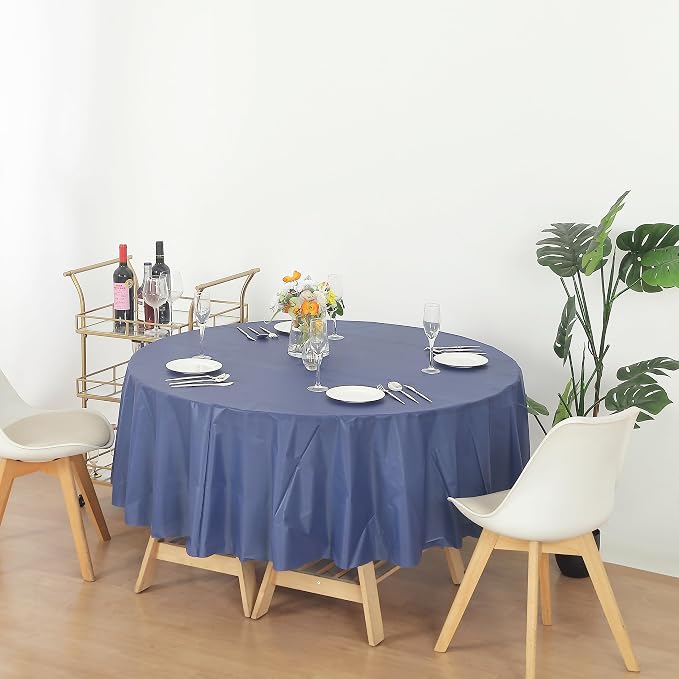 1 Pack 84 Inch Plastic Table Cover, Navy Blue Round Disposable Table Covers Plastic Tablecloth