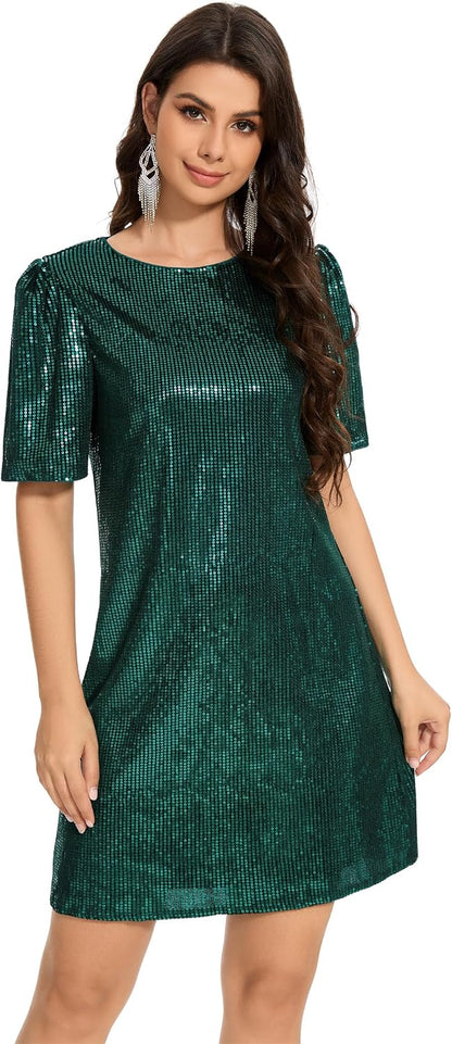 Women Puff Short Sleeve Sparkle Shift Dress Crewneck Sequin Shimmer Cocktail Party Dress