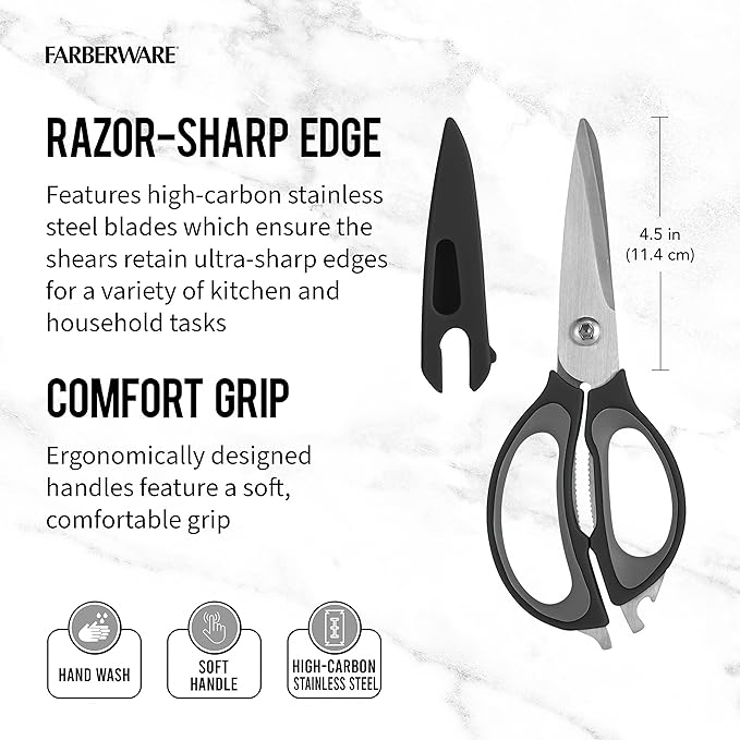 Farberware 4 in 1 Multipurpose Stainless Steel Kitchen Scissors with Blade Cover, Black