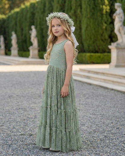 2Bunnies Flower Girl Dress Lace Boho Toddler Dresses Ruffle Girl Dress for Wedding Garden Party Holiday Communion Sleeveless.