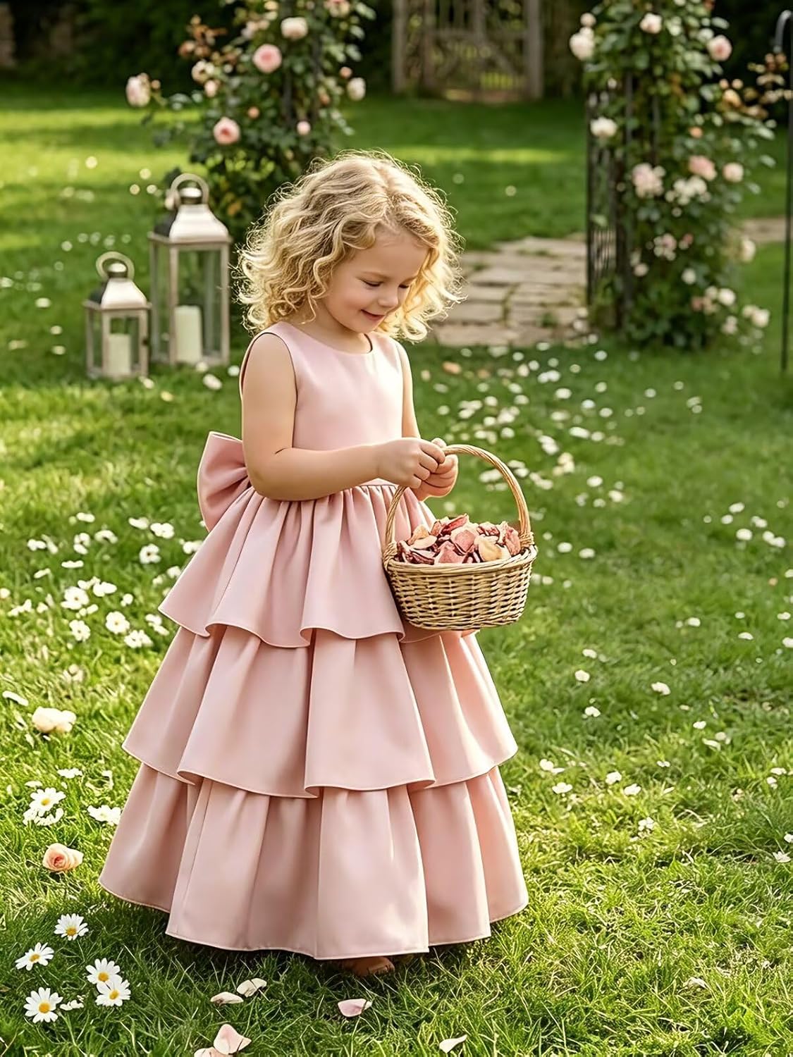 Satin Flower Girl Dresses for Wedding Tiered First Communion Dress Bow on Back Girls Formal Pageant Party Ball Gown