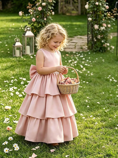 Satin Flower Girl Dresses for Wedding Tiered First Communion Dress Bow on Back Girls Formal Pageant Party Ball Gown