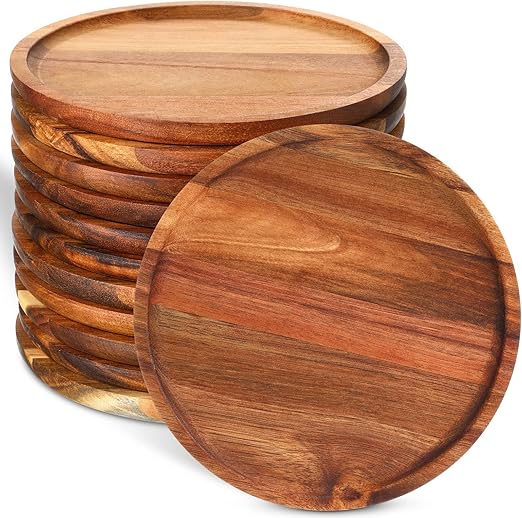 Rtteri 12 Pcs Acacia Round Dinner Plates Wood Tray Round Wooden Charger Plate for Sandwich Dishes Snack Dessert Salad Fruit, Easy Cleaning Lightweight, 8 Inch