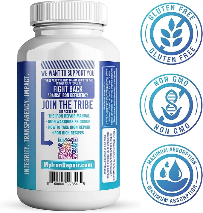 Iron Repair Simply Natural Iron Supplement, Best Absorption  Gentle on Stomach, Monash Low FODMAP, Raise Hemoglobin  Ferritin Iron Pills for Women, Men, Teens,  Pregnancy 90 Bovine Gelatin Capsules