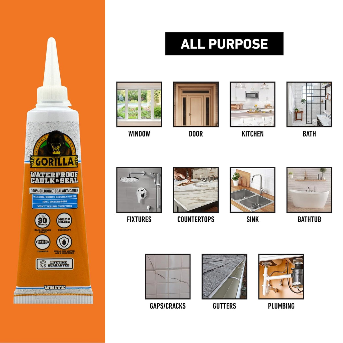 Gorilla 100% Silicone Caulk, Waterproof Sealant, 2.8oz Squeeze Tube (Pack of 1) – White -10 Year Mold Resistant Kitchen, Window, Bath, Marine, Door and More