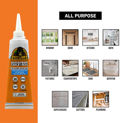 Gorilla 100% Silicone Caulk, Waterproof Sealant, 2.8oz Squeeze Tube (Pack of 1) – White -10 Year Mold Resistant Kitchen, Window, Bath, Marine, Door and More