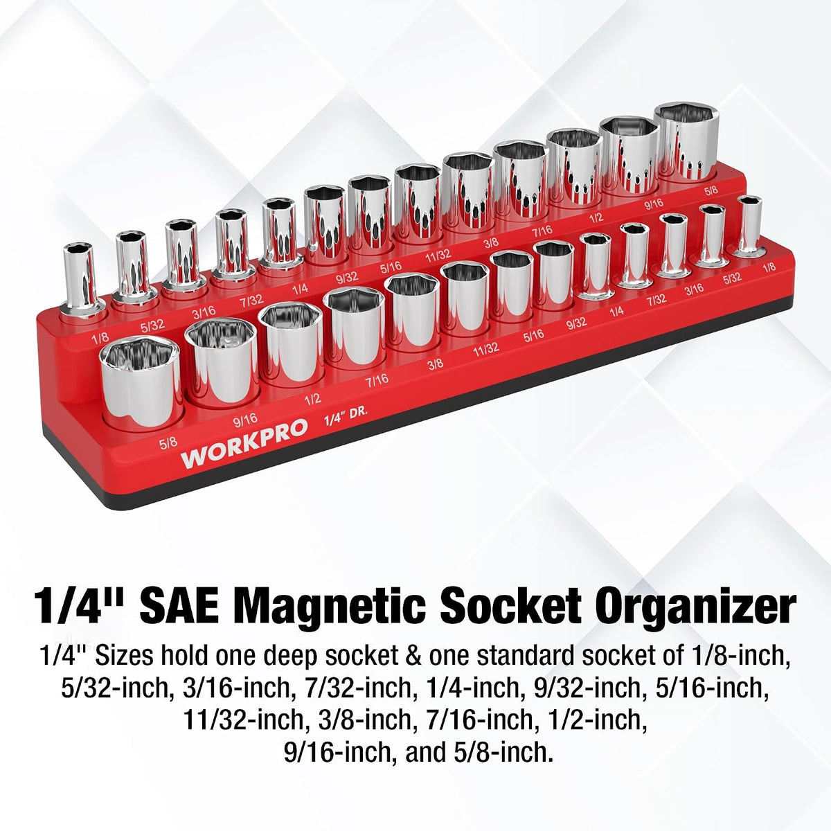 WORKPRO Magnetic Socket Organizer, 1/4-Inch SAE Socket Holder, Socket Trays Holds 26 Pieces Standard Size and Deep Size Sockets(Sockets not Included)
