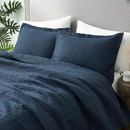 Hansleep Navy Quilt Queen Size - Baroque Ultrasonic All Season Bedspread Queen, Soft Lightweight Coverlet Bedding Set, 3 Pieces (1 Quilt, 2 Pillow Shams)