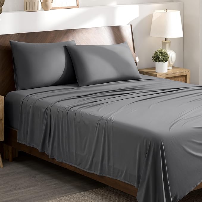 Bare Home Cooling Performance, Moisture-Wicking, Fitted 4-Way Stretch Bed Sheet (Queen, Grey)