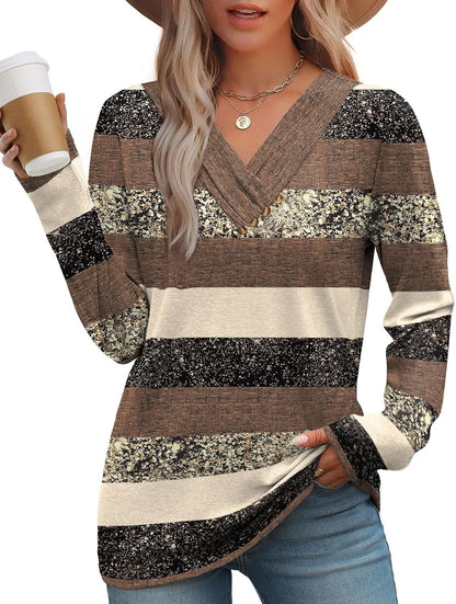 Long Sleeve Shirts for Women Fall Outfits V Neck T Shirts Button Down Tunic Tops Fashion Clothing