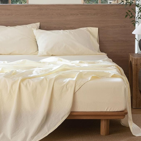 MooMee Bedding Sheet Set 100 Washed Cotton Linen Like Textured Breathable Durable Soft Comfy (Cream White, Queen)