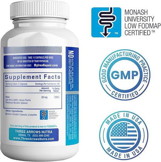 Iron Repair Simply Natural Iron Supplement, Best Absorption  Gentle on Stomach, Monash Low FODMAP, Raise Hemoglobin  Ferritin Iron Pills for Women, Men, Teens,  Pregnancy 90 Bovine Gelatin Capsules