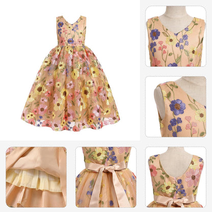 Girls Mesh Flower Embroidered Dress Illusion Tulle Mesh Embroidery Dress for Girls Flower Girls Dresses for Wedding Birthday